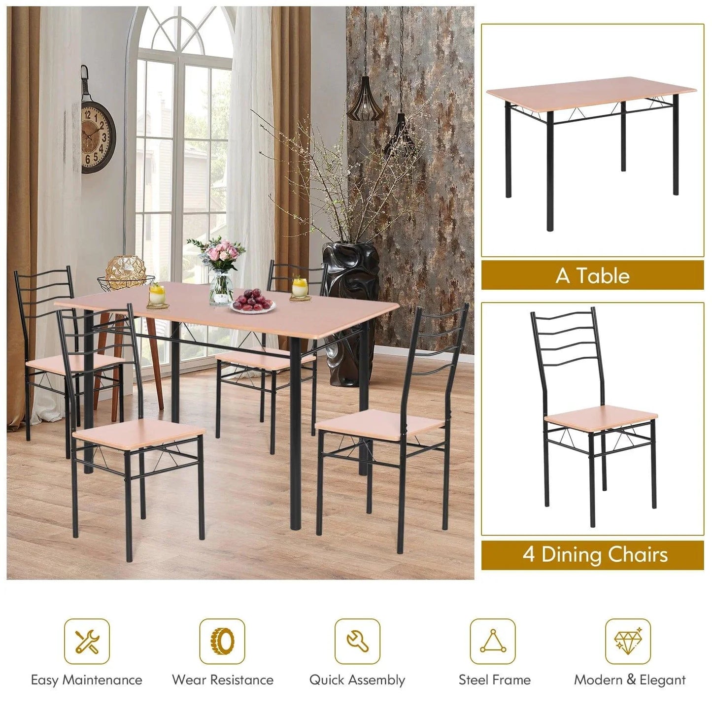5-Pieces Dining Table Set 4 Chairs MDF Metal Frame Kitchen Furniture Brown