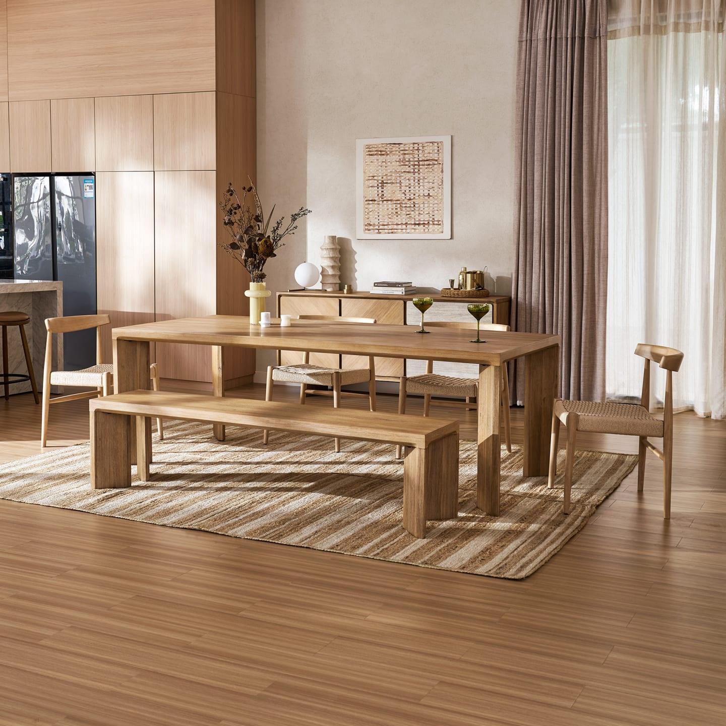 Casa Modern Rectangular Dining Table – Acacia Wood Veneer with Angled Blade Legs