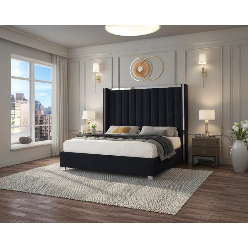 Gerasim Bed Frame with 58" Tall Headboard, Velvet Upholstered Platform Bed