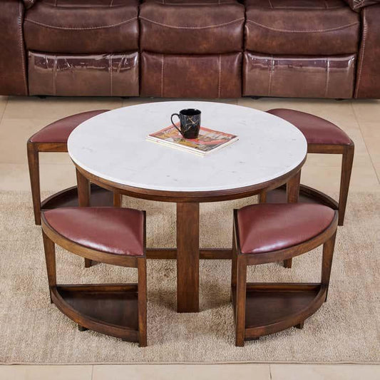 Marble Top Coffee Table with Stools - Brown