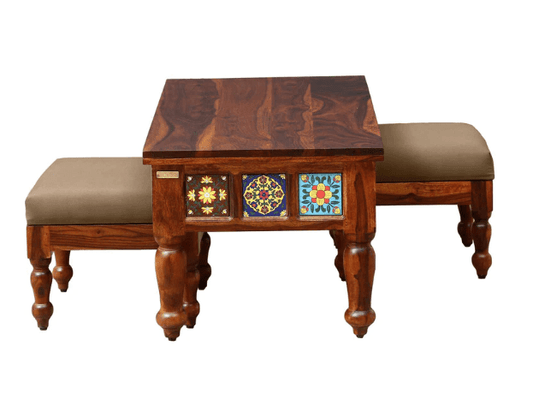Sheesham Wood Coffee Table with Two Stools (Walnut Finish)