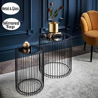 Nesting Black Wire Nesting End Tables with Mirrored Top – Modern Art Deco Coffee & Side Table Set Set of 2 Round End Tables Living Room Wire Coffee Table Cage Black Bedside Glass Mirrored Top Caged Side Indoor Furniture