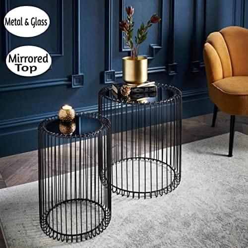 Nesting Black Wire Nesting End Tables with Mirrored Top – Modern Art Deco Coffee & Side Table Set Set of 2 Round End Tables Living Room Wire Coffee Table Cage Black Bedside Glass Mirrored Top Caged Side Indoor Furniture