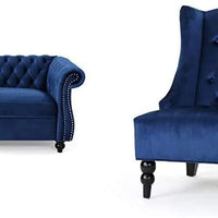 Karen Traditional Chesterfield Loveseat Sofa, Navy Blue and Dark Brown, 61.75 x 33.75 x 27.75 & Toddman High-Back Velvet Club Chair, Navy Blue