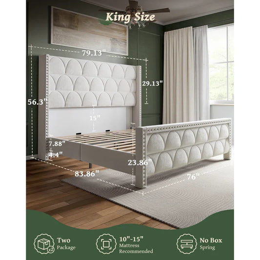 56" Velvet Wingback Bed Frame
