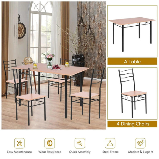 5-Pieces Dining Table Set 4 Chairs MDF Metal Frame Kitchen Furniture Brown