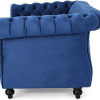 Karen Traditional Chesterfield Loveseat Sofa, Navy Blue and Dark Brown, 61.75 x 33.75 x 27.75