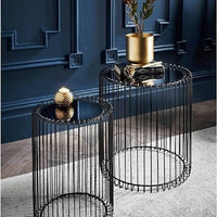 Nesting Black Wire Nesting End Tables with Mirrored Top – Modern Art Deco Coffee & Side Table Set Set of 2 Round End Tables Living Room Wire Coffee Table Cage Black Bedside Glass Mirrored Top Caged Side Indoor Furniture
