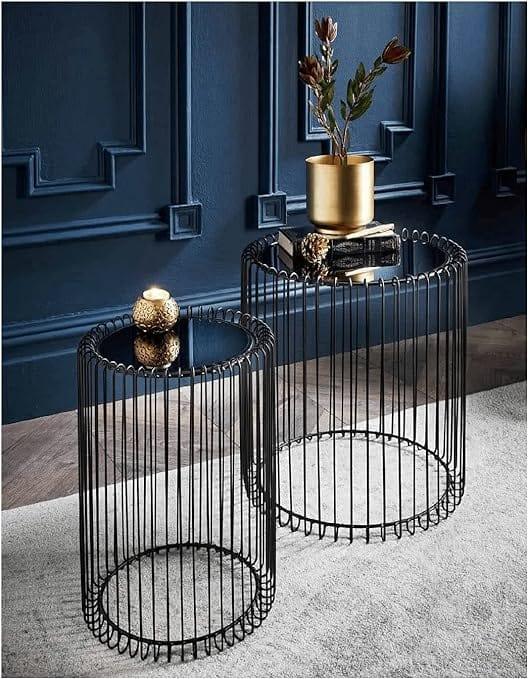 Nesting Black Wire Nesting End Tables with Mirrored Top – Modern Art Deco Coffee & Side Table Set Set of 2 Round End Tables Living Room Wire Coffee Table Cage Black Bedside Glass Mirrored Top Caged Side Indoor Furniture