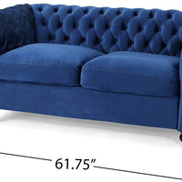 Karen Traditional Chesterfield Loveseat Sofa, Navy Blue and Dark Brown, 61.75 x 33.75 x 27.75