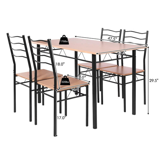 5-Pieces Dining Table Set 4 Chairs MDF Metal Frame Kitchen Furniture Brown