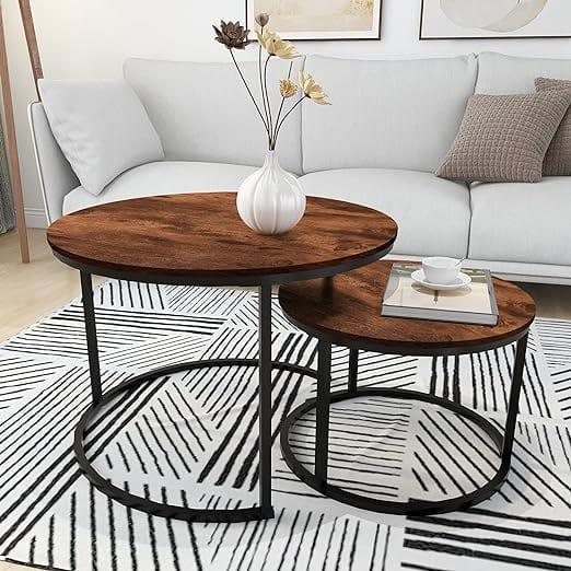 Round Nesting Coffee Table Modern Nesting Side Set of 2 End Table for Living Room Balcony Garden