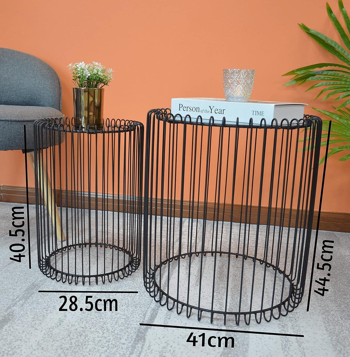 Nesting Black Wire Nesting End Tables with Mirrored Top – Modern Art Deco Coffee & Side Table Set Set of 2 Round End Tables Living Room Wire Coffee Table Cage Black Bedside Glass Mirrored Top Caged Side Indoor Furniture