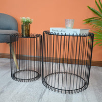Nesting Black Wire Nesting End Tables with Mirrored Top – Modern Art Deco Coffee & Side Table Set Set of 2 Round End Tables Living Room Wire Coffee Table Cage Black Bedside Glass Mirrored Top Caged Side Indoor Furniture
