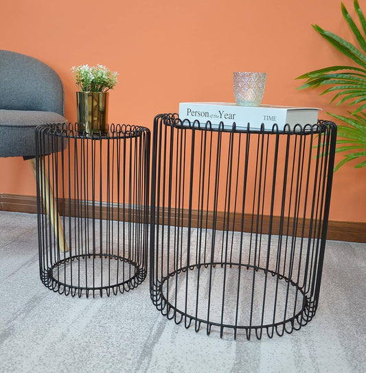 Nesting Black Wire Nesting End Tables with Mirrored Top – Modern Art Deco Coffee & Side Table Set Set of 2 Round End Tables Living Room Wire Coffee Table Cage Black Bedside Glass Mirrored Top Caged Side Indoor Furniture
