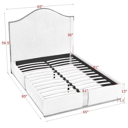 Bed Frame With 59.5" Tall Headboard, Corduroy Upholstered Bed Frame, Metal Decoration&No Box Spring Needed