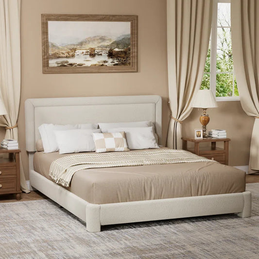 Boucle Bed Frame,Upholstered Bed Frame With Headboard, Surface Cover Soft Cloud Bed Frame Easy Assembly, No Box Spring Required