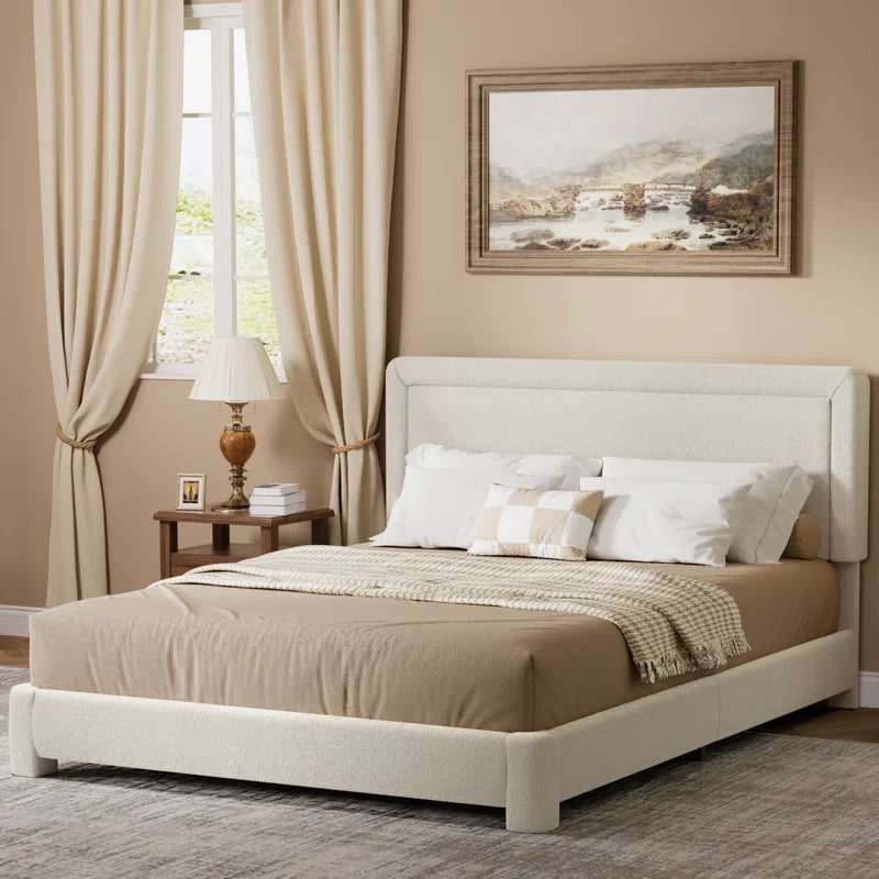 Boucle Bed Frame,Upholstered Bed Frame With Headboard, Surface Cover Soft Cloud Bed Frame Easy Assembly, No Box Spring Required