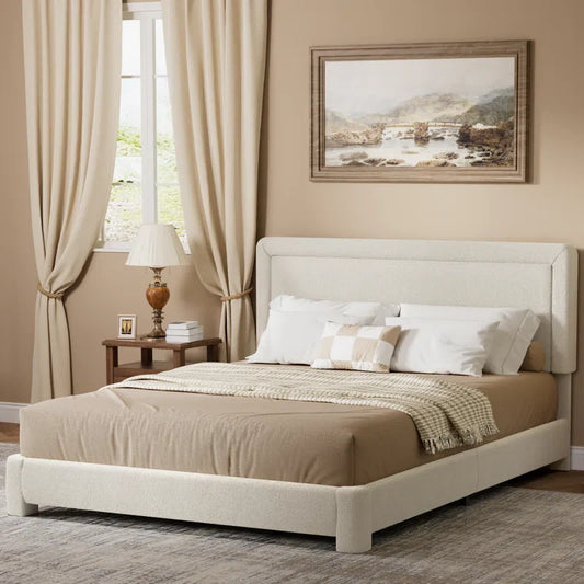 Boucle Bed Frame,Upholstered Bed Frame With Headboard, Surface Cover Soft Cloud Bed Frame Easy Assembly, No Box Spring Required
