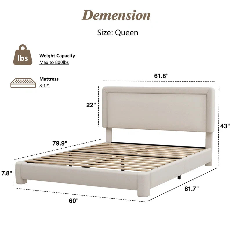 Boucle Bed Frame,Upholstered Bed Frame With Headboard, Surface Cover Soft Cloud Bed Frame Easy Assembly, No Box Spring Required