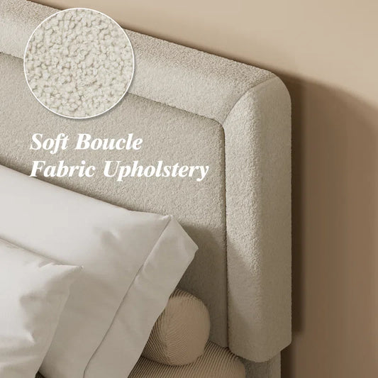Boucle Bed Frame,Upholstered Bed Frame With Headboard, Surface Cover Soft Cloud Bed Frame Easy Assembly, No Box Spring Required