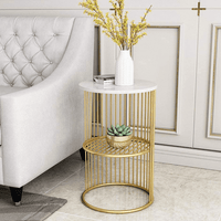 Coffee Round Accent Table for Living Room and Balcony with Metal & Engineered Wood Tabletop and Gold Coated Colour Frame -White-Gold-Jali