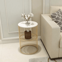 Coffee Round Accent Table for Living Room and Balcony with Metal & Engineered Wood Tabletop and Gold Coated Colour Frame -White-Gold-Jali