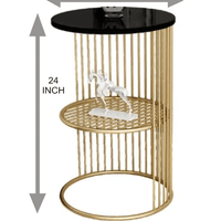 Coffee Round Accent Table for Living Room and Balcony with Metal & Engineered Wood Tabletop and Gold Coated Colour Frame -White-Gold-Jali