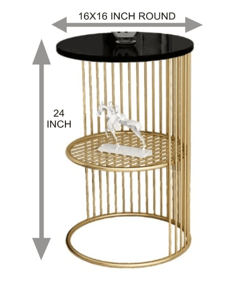Coffee Round Accent Table for Living Room and Balcony with Metal & Engineered Wood Tabletop and Gold Coated Colour Frame -White-Gold-Jali