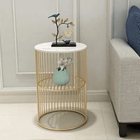 Coffee Round Accent Table for Living Room and Balcony with Metal & Engineered Wood Tabletop and Gold Coated Colour Frame -White-Gold-Jali