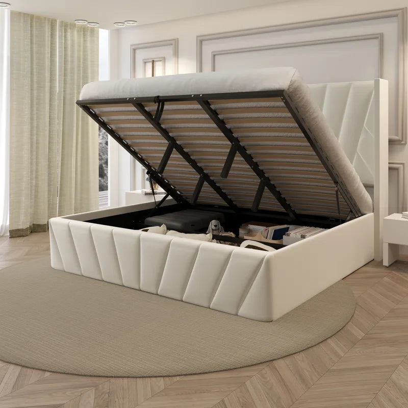 Eva Modern Soft Padded Upholstered Lift up Storage King Bed Frame with Hydrualic & Wood Slats System