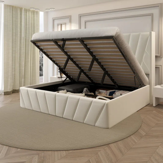 Eva Modern Soft Padded Upholstered Lift up Storage King Bed Frame with Hydrualic & Wood Slats System