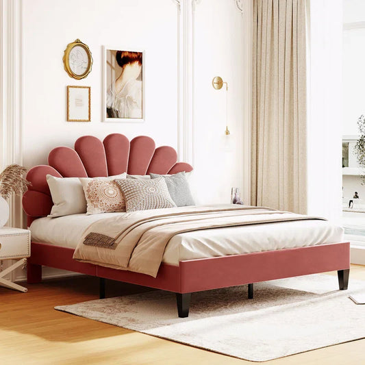 Feehley Upholstered Platform Bed with Flower Pattern Velvet Headboard