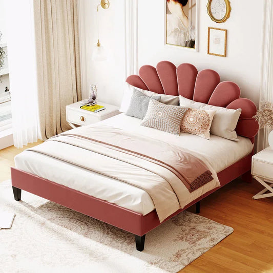 Feehley Upholstered Platform Bed with Flower Pattern Velvet Headboard