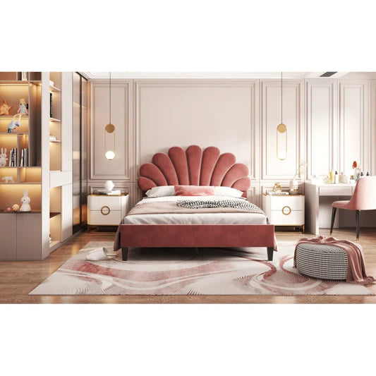 Feehley Upholstered Platform Bed with Flower Pattern Velvet Headboard