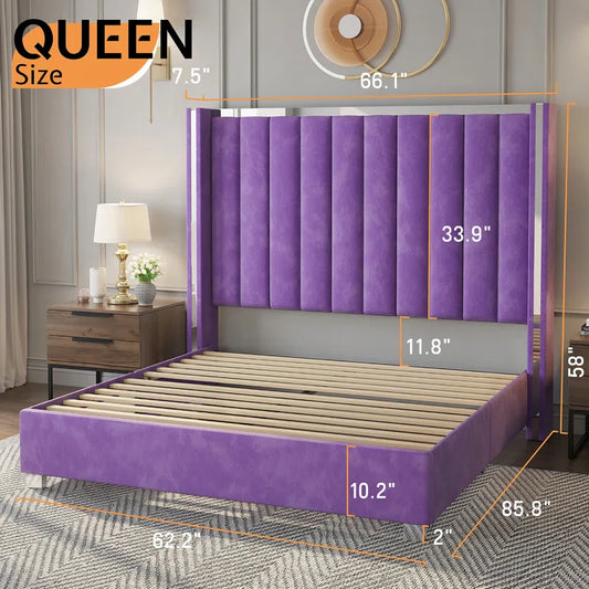Gerasim Bed Frame with 58" Tall Headboard, Velvet Upholstered Platform Bed