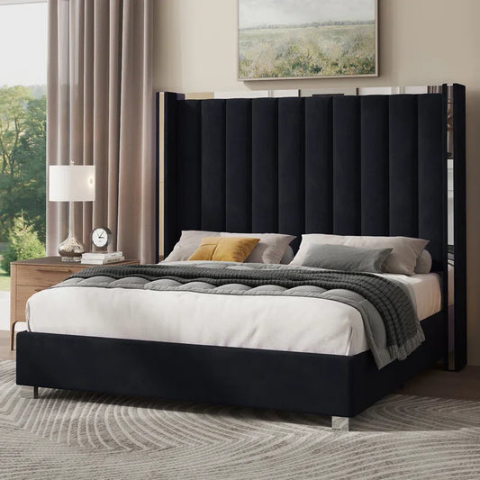 Gerasim Bed Frame with 58" Tall Headboard, Velvet Upholstered Platform Bed