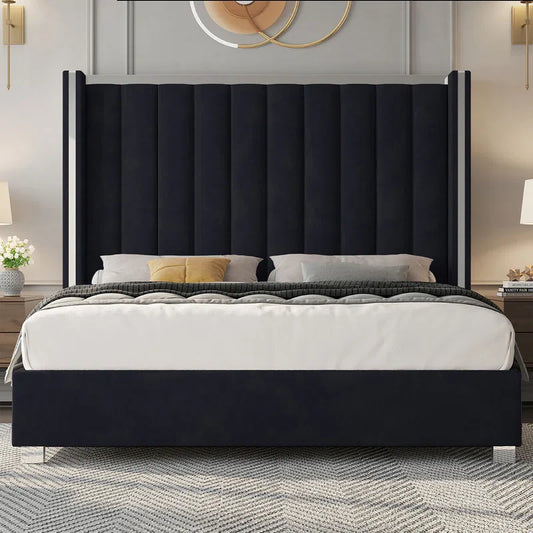 Gerasim Bed Frame with 58" Tall Headboard, Velvet Upholstered Platform Bed