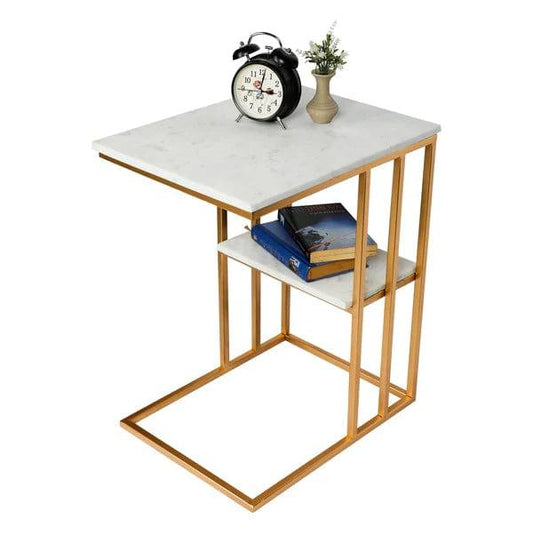 Creative White Marble & Metal Stone Side/Coffee Table With Magazine Holder ( Random Design )