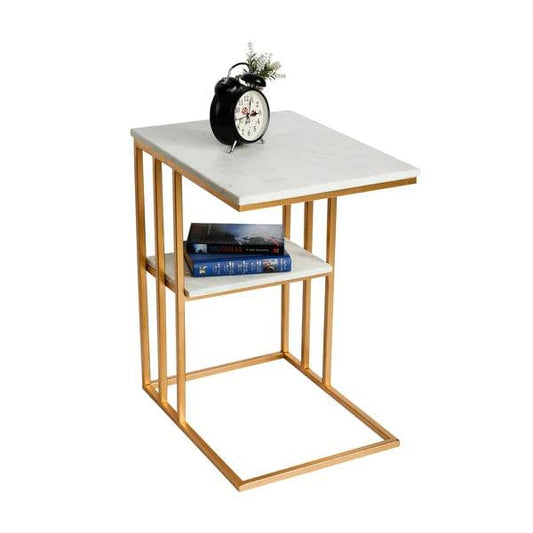 Creative White Marble & Metal Stone Side/Coffee Table With Magazine Holder ( Random Design )