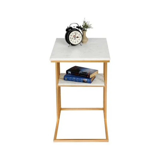 Creative White Marble & Metal Stone Side/Coffee Table With Magazine Holder ( Random Design )