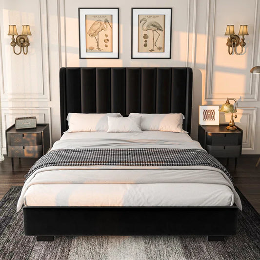 Classic Comfort Lift-Up Storage Bed Frame with 51" Tall Headboard – Upholstered Velvet Wingback Tufted Design