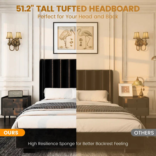 Classic Comfort Lift-Up Storage Bed Frame with 51" Tall Headboard – Upholstered Velvet Wingback Tufted Design