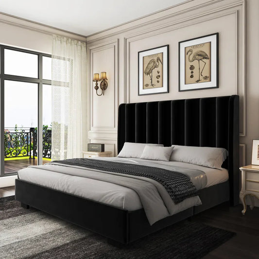 Classic Comfort Lift-Up Storage Bed Frame with 51" Tall Headboard – Upholstered Velvet Wingback Tufted Design