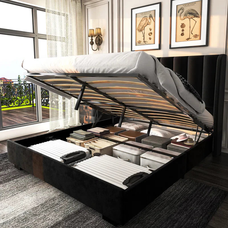 Classic Comfort Lift-Up Storage Bed Frame with 51" Tall Headboard – Upholstered Velvet Wingback Tufted Design