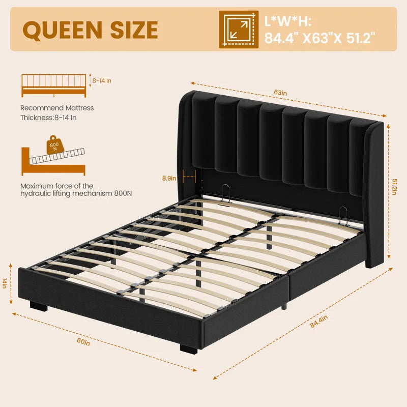 Classic Comfort Lift-Up Storage Bed Frame with 51" Tall Headboard – Upholstered Velvet Wingback Tufted Design