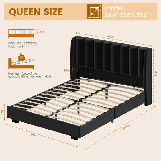 Classic Comfort Lift-Up Storage Bed Frame with 51" Tall Headboard – Upholstered Velvet Wingback Tufted Design