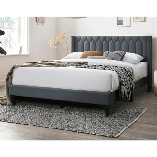 Modern Diamond Charcoal Burlap Headboard Bed