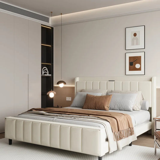Classic Comfort Upholstered Bed with Storage Headboard and Charging Station