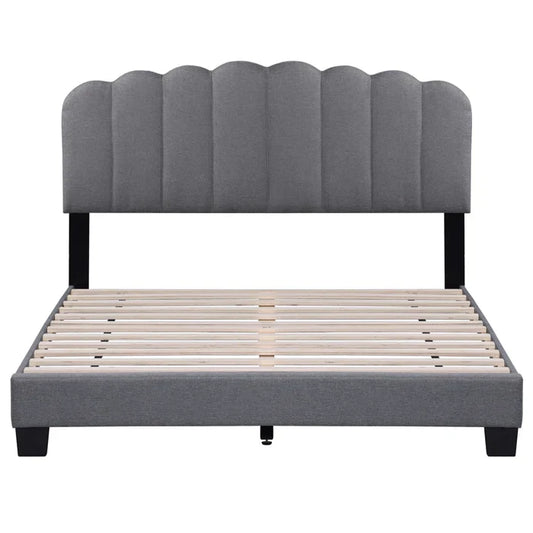 Upholstered Platform Bed With Velvet And Striped Headboard